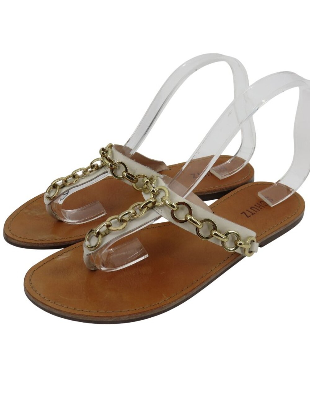 Schutz Women Size 9 B White Gold Metal Round Link Chain Flip Flop Sandals Shoes